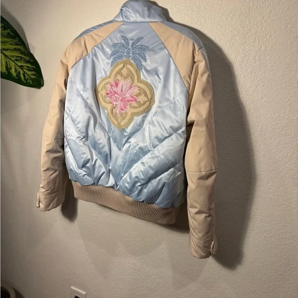 BOGNER Cream Blue Goose Down Floral Embroidered Zip Front Quilted Ski Jacket 10 - Picture 7 of 12
